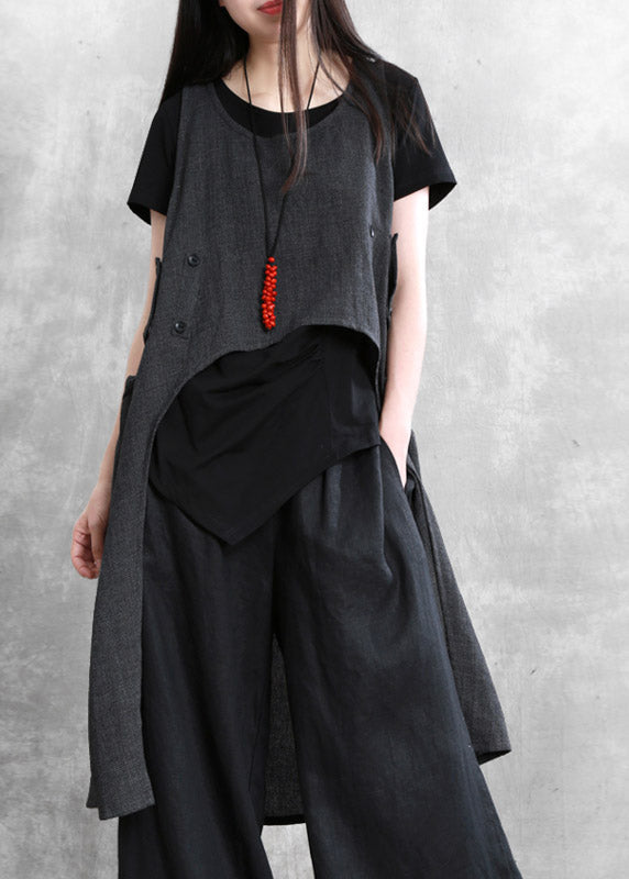 Dark Grey O-neck Asymmetrical Button Linen Waistcoat Sleeveless