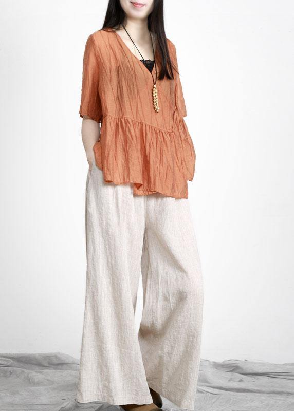 Orange V Neck Patchwork Linen Top