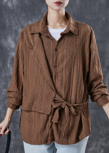 Brown Cotton Shirt Top Asymmetrical Lace Up Spring