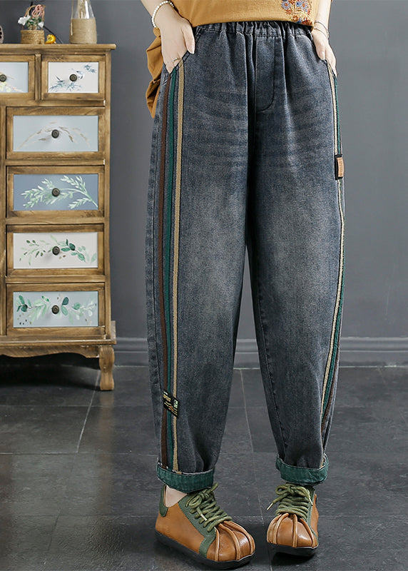 Blue Pockets Patchwork Denim Pants Fall