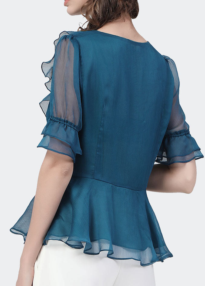 Slim Fit Peacock Blue V Neck Ruffles Color Chiffon Cinch Shirt Top Short Sleeve