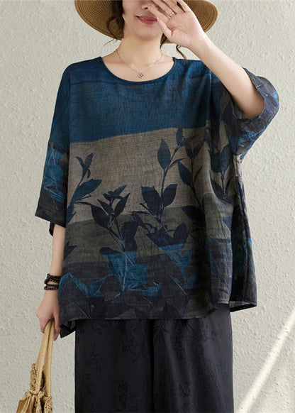 Navy Oversized Print Linen Tanks Summer