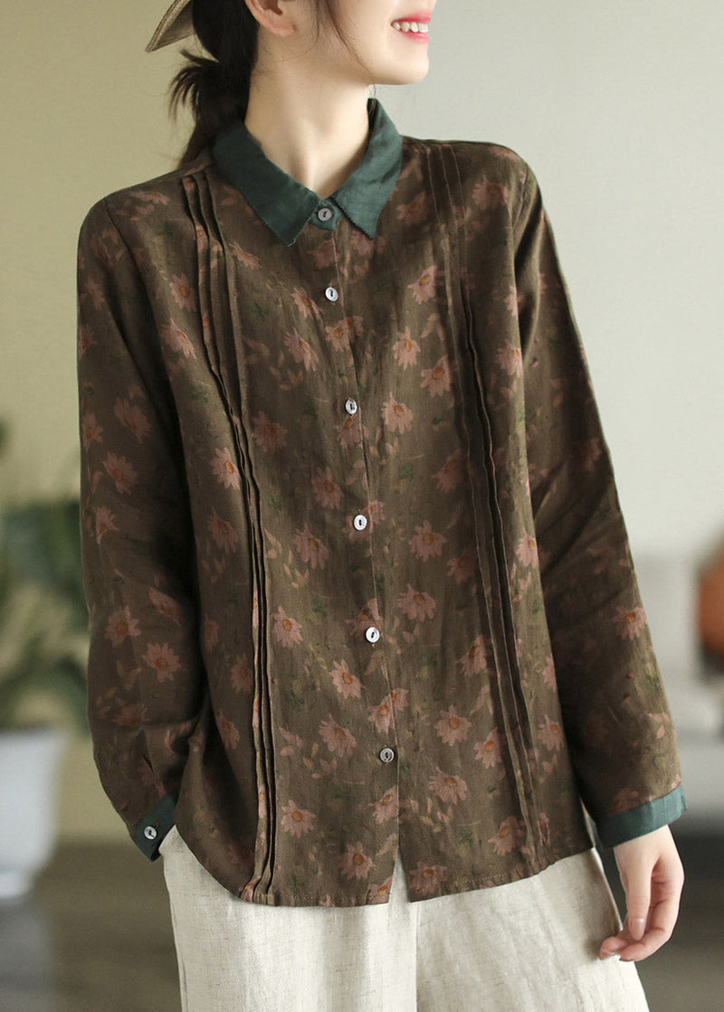 Peter Pan Collar Print Button Linen Shirt Long Sleeve