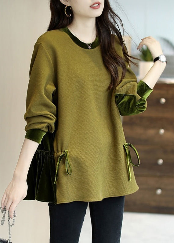 Loose Green O-neck Patchwork Drawstring Sweatshirts Top Long Sleeve