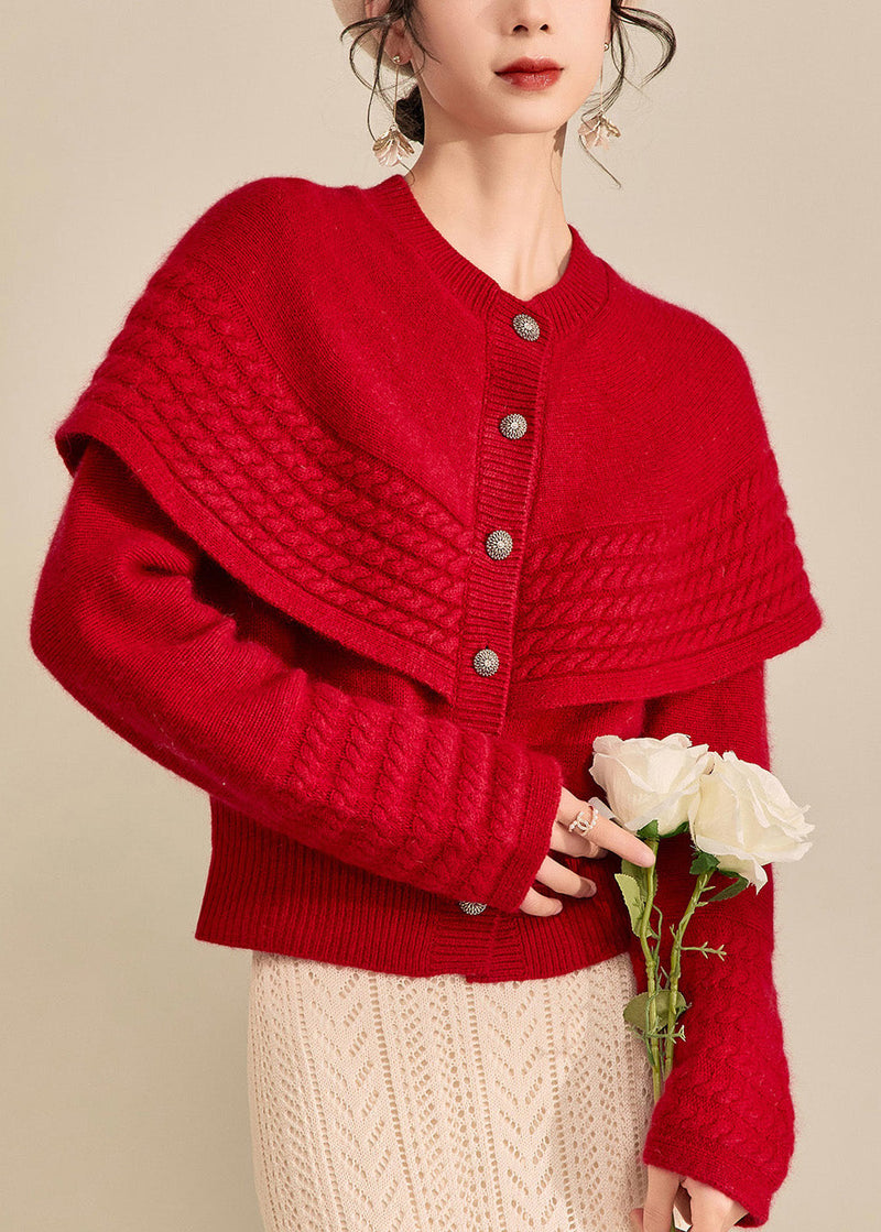 Vogue Red Button Shawl Fake Two Pieces Thick Cotton Knit Sweater Fall