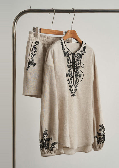 Beige Embroidered Linen Sets 2 Pieces Fall