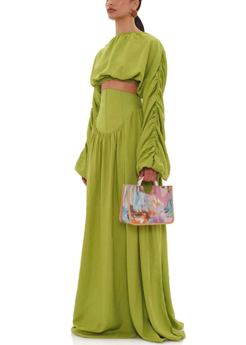French Green Wrinkled Lace Up Tops and Skirts Cotton Two Pieces Set Spring