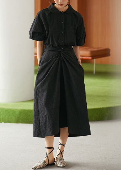 Black Peter Pan Collar Lace Up Cotton Dresses Summer