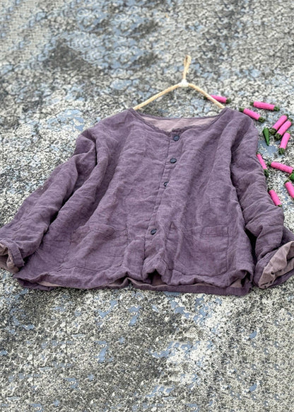 Loose Green O Neck Button Pockets Linen Coats Fall