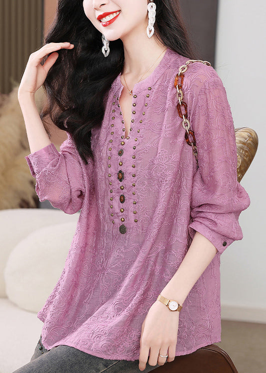 Purple Embroidered Nail Bead Cotton Shirts Long Sleeve