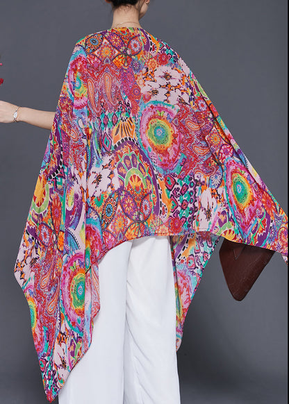Red Asymmetrical Print Chiffon Shirt Tops Summer