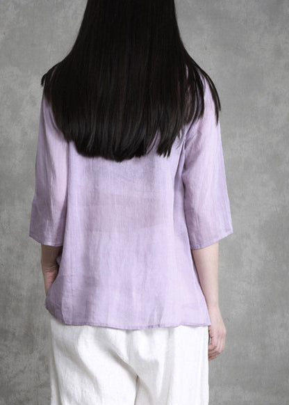 Boutique Violet O-neck Embroideried Linen Shirts Long Sleeve