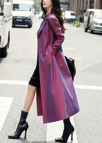 Purple Button Pockets Patchwork Cotton Long Trench Coats Fall