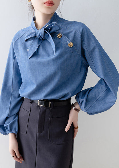 Denim Blue Stand Collar Bow Blouses Spring