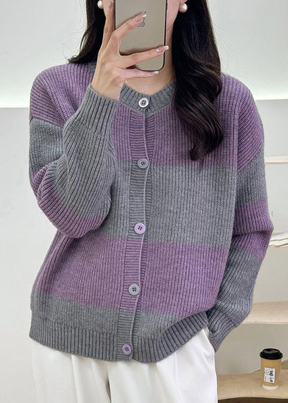 Grey Striped Button Knit Cardigan Fall