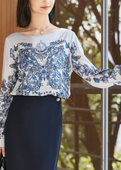 Blue O-neck Print Shirt Fall