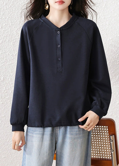Simple Navy Button Cotton Sweatshirts Fall