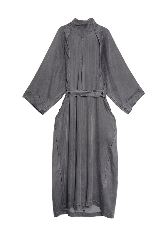Grey Turtle Neck Pockets Lace Up Denim Long Dresses Fall
