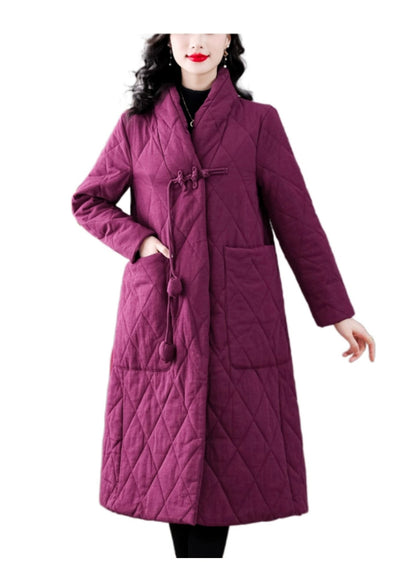 Purple V Neck Pockets Chinese Button Fine Cotton Filled Coat Winter
