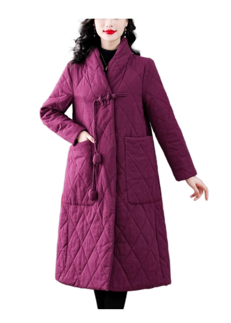 Purple V Neck Pockets Chinese Button Fine Cotton Filled Coat Winter