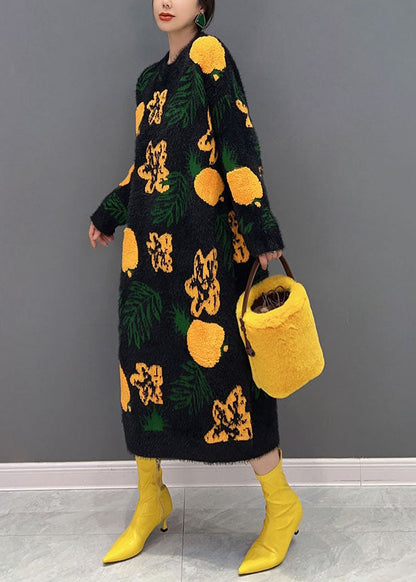 Black Jacquard Mink Hair Knitted Long Dress O-neck Oversized Winter
