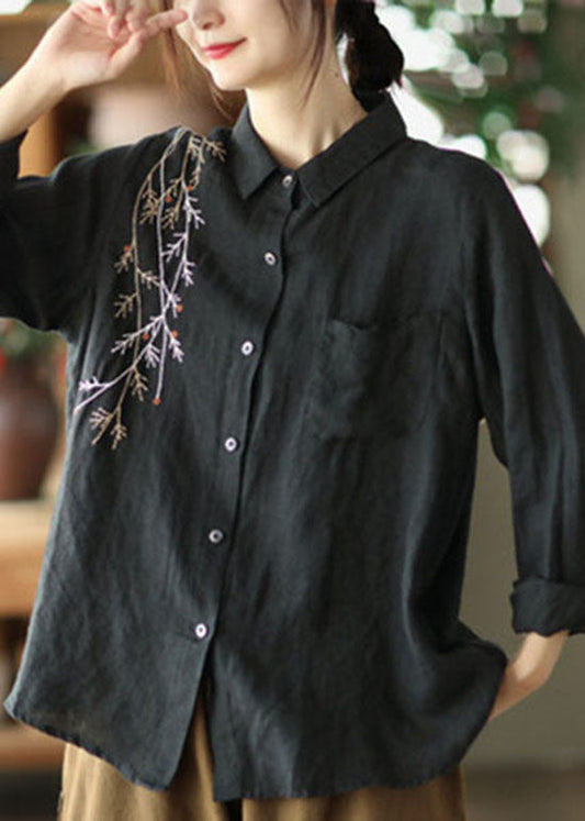 Black Peter Pan Collar Embroideried Linen Blouse Spring
