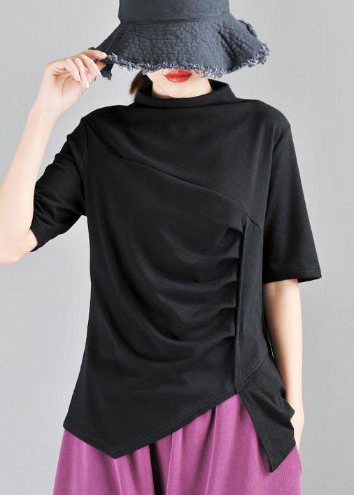 Classy Black High Neck Asymmetrical Design Cotton Tops Summer