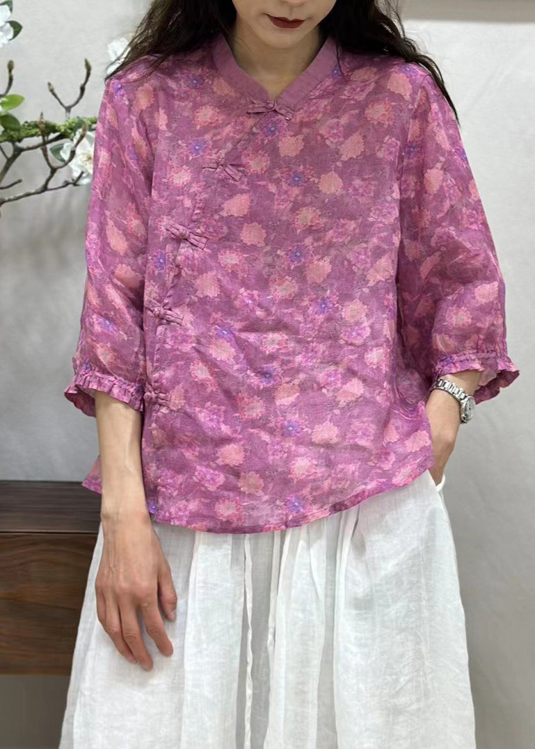 Green Chinese Button Print Linen Shirt Bracelet Sleeve