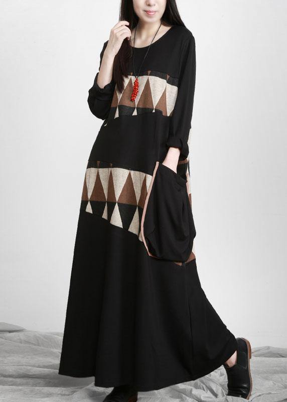 Black Patchwork Print Pockets Asymmetrical Design Maxi Dress Fall