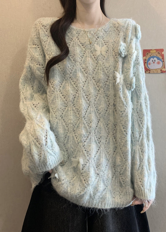 Blue Hollow Out Knit Knit Shirts O Neck Long Sleeve