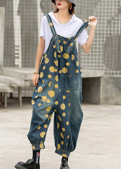 Blue Smile Print Patchwork Pockets Denim Jumpsuit Sleeveless