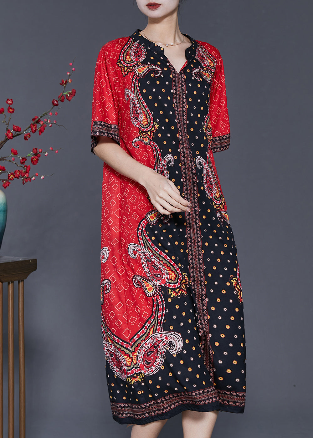 Red V Neck Print Chiffon Holiday Dresses Summer