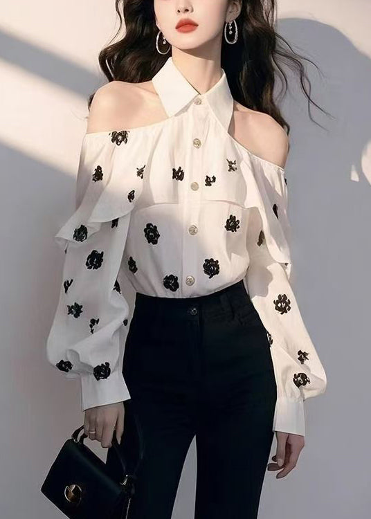 White Cold Shoulder Print Chiffon Shirt Fall