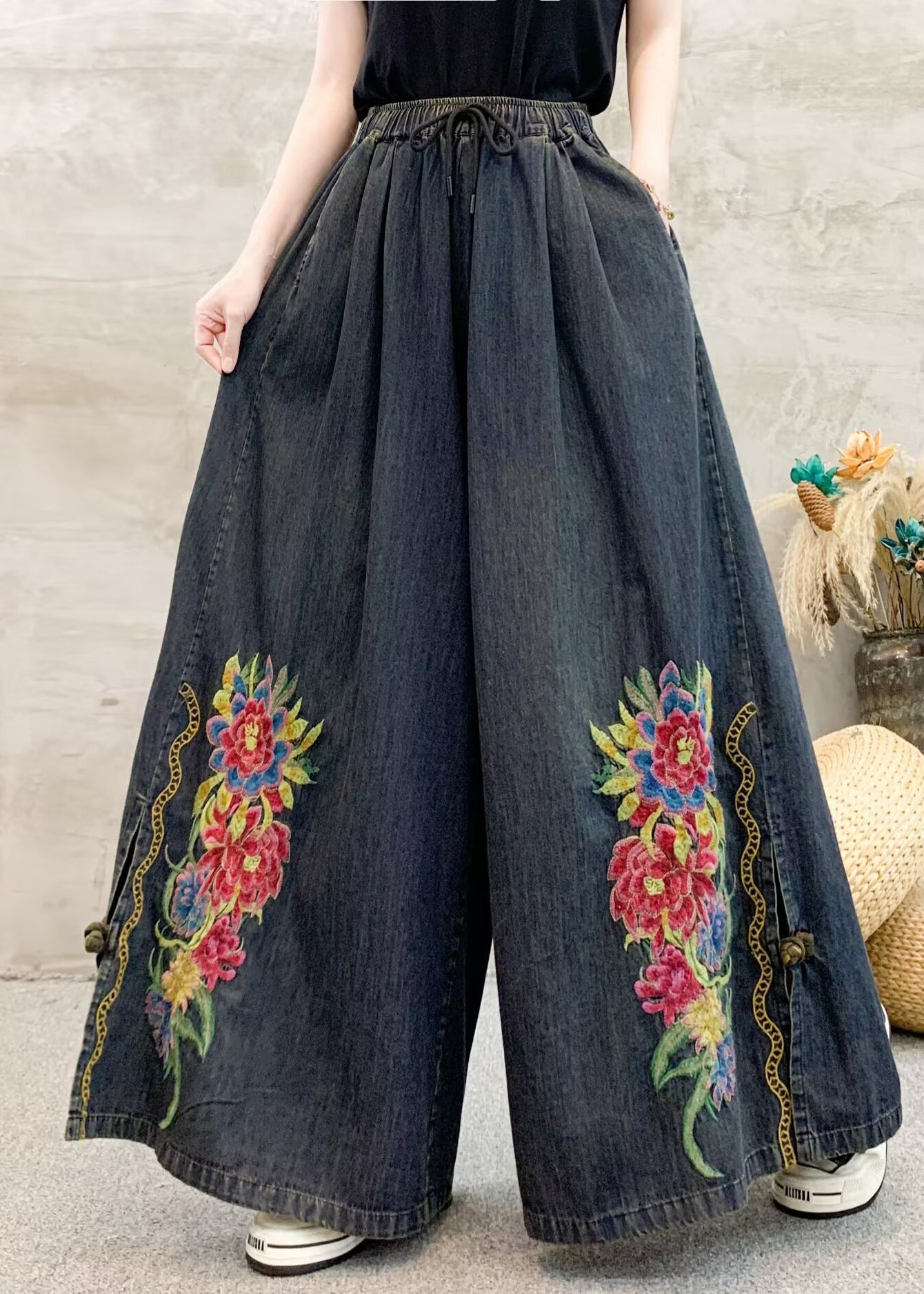 Dark Grey Embroidered Tie Waist Wide Leg Pants