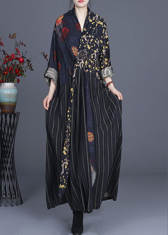 Unique Navy Print Patchwork Tie Waist Fall Long Sleeve Vacation Dresses