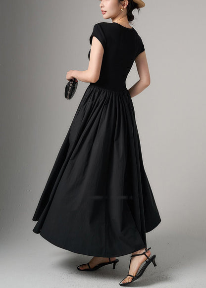 Black Pockets Knit Patchwork Cotton Long Dress Summer