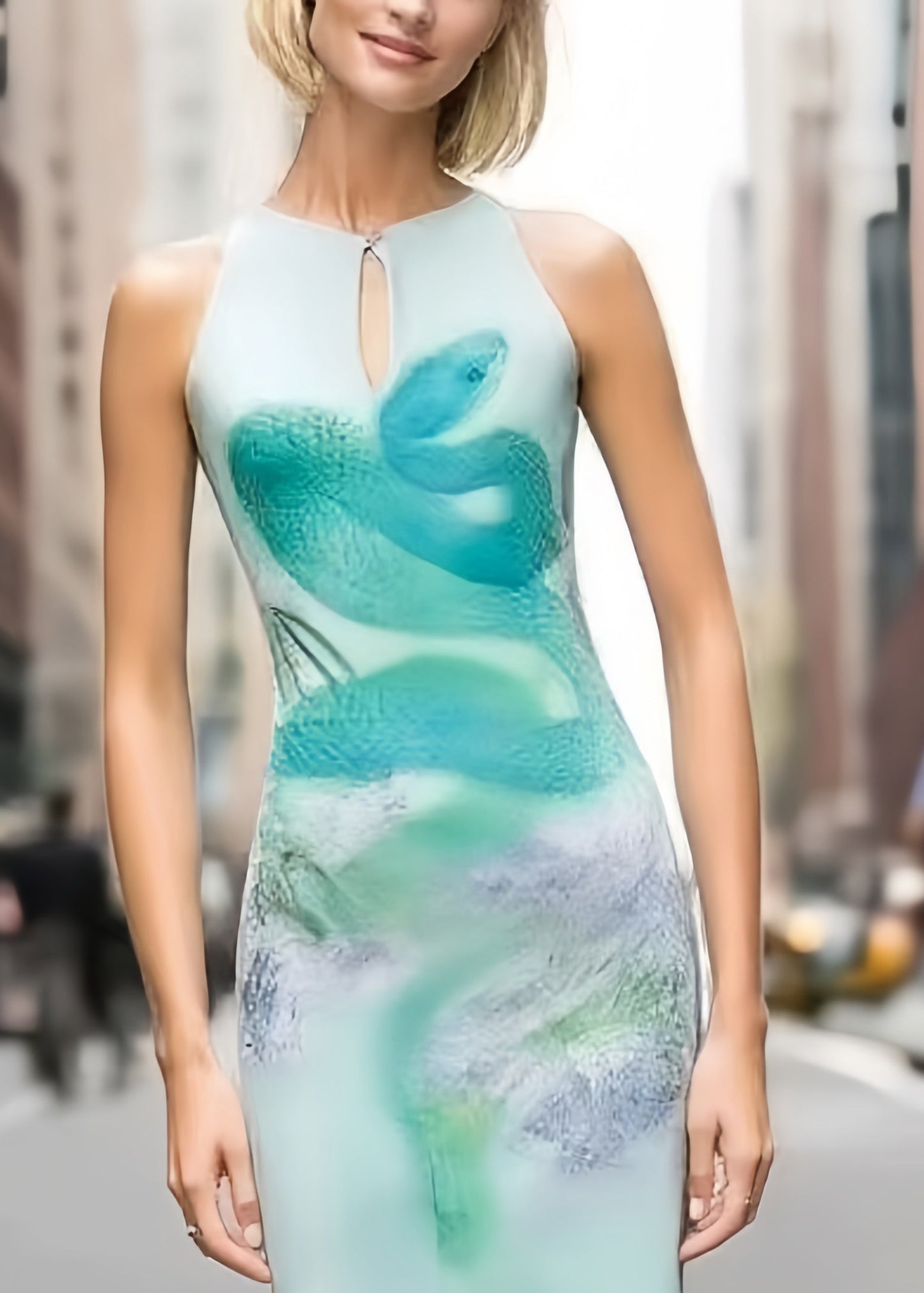 Sky Blue Winged Snake Print Silk Wraped Dress Summer