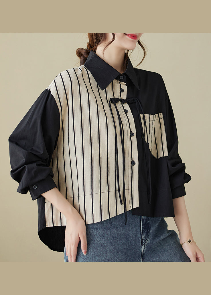 Colorblock Striped Tasseled Patchwork Cotton Shirt Top Fall