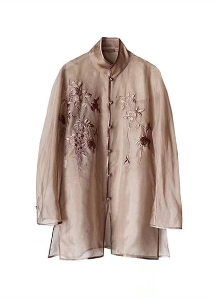 Light Brown Embroideried Side Open Sashes Silk Shir Long Sleeve