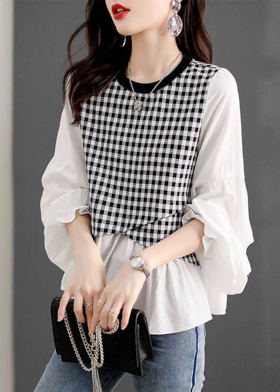 Plaid Patchwork Lantern Sleeve Top Spring