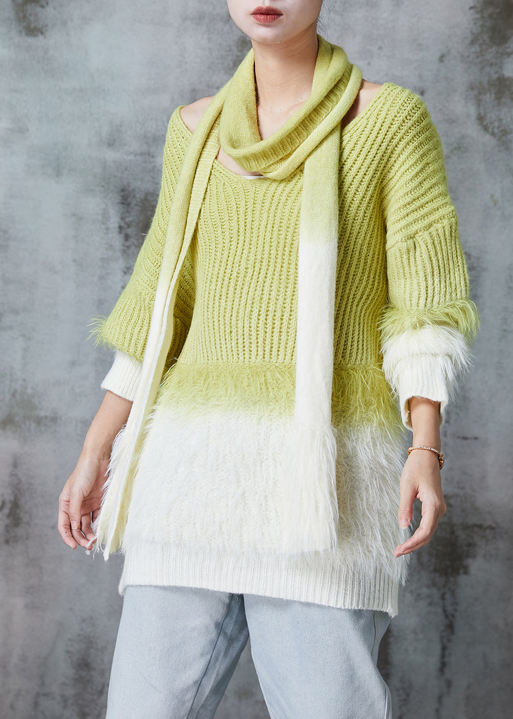Grass Green Oversized Gradient Color Mink Velvet Knitted Sweaters Winter