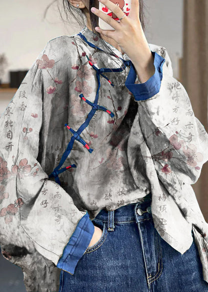Loose Gray Text Button Print Patchwork Cotton Shirts Long Sleeve