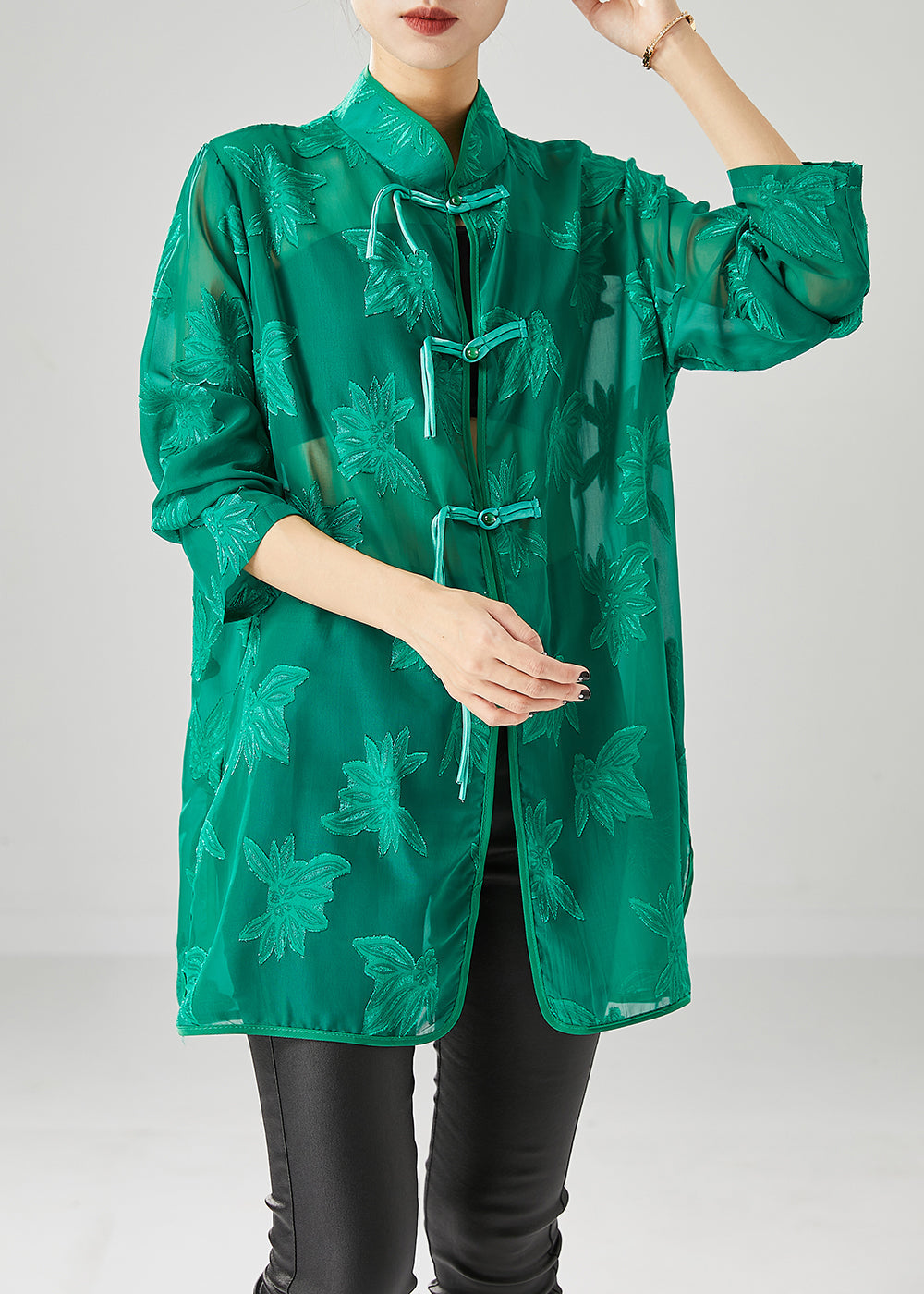 Green Chiffon Upf 50+ Shirts Oversized Chinese Button Fall