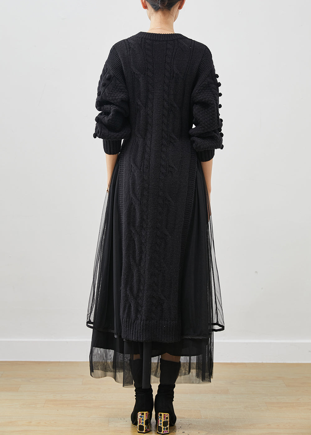 Black Side Open Knit Sweater Dress and Tulle Skirt Two Pieces Set Winter