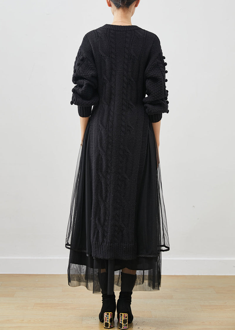 Black Side Open Knit Sweater Dress and Tulle Skirt Two Pieces Set Winter