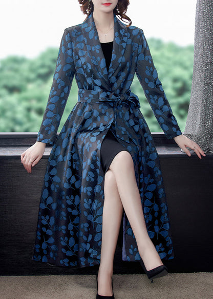 Notched Print Pockets Tie Waist Silk Trench Coats Long Sleeve
