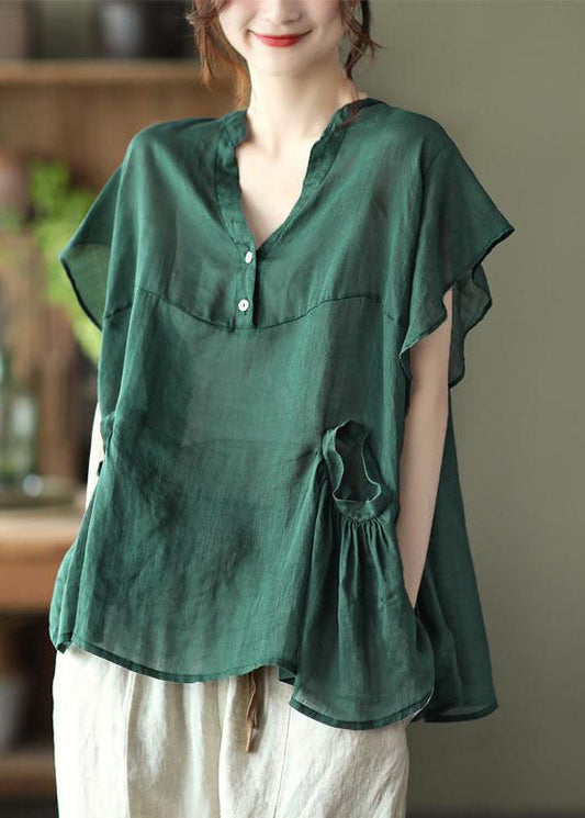 Green V Neck Button Fall Short Sleeve Blouse Top