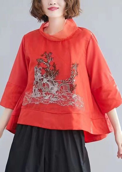 Black Stand Collar Embroidered Organza Blouse Top Spring