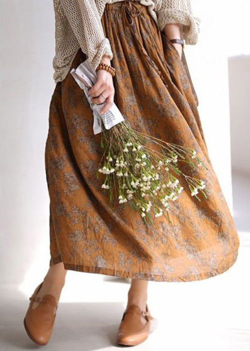 Coffee Print Pockets Elastic Waist Cotton Skirts Spring