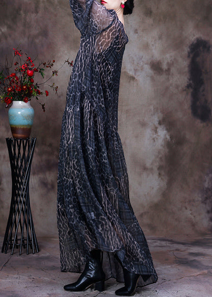 Black Chocolate O-neck Print Maxi Dress and Suspenders Two Pieces Set Fall